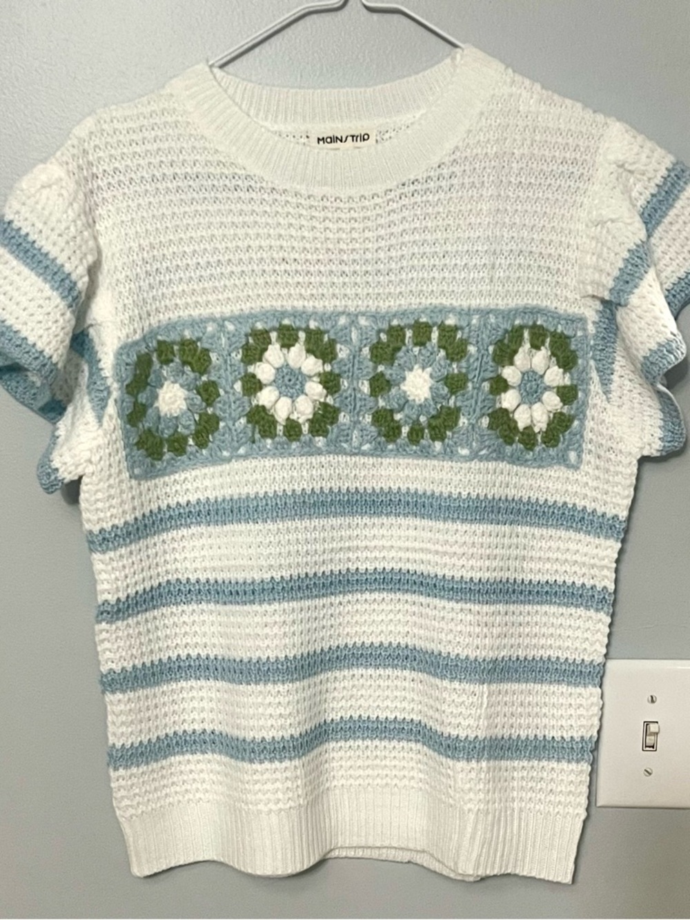 Main Strip White, Light Blue & Green Crochet-Accent Short Sleeve Sweater